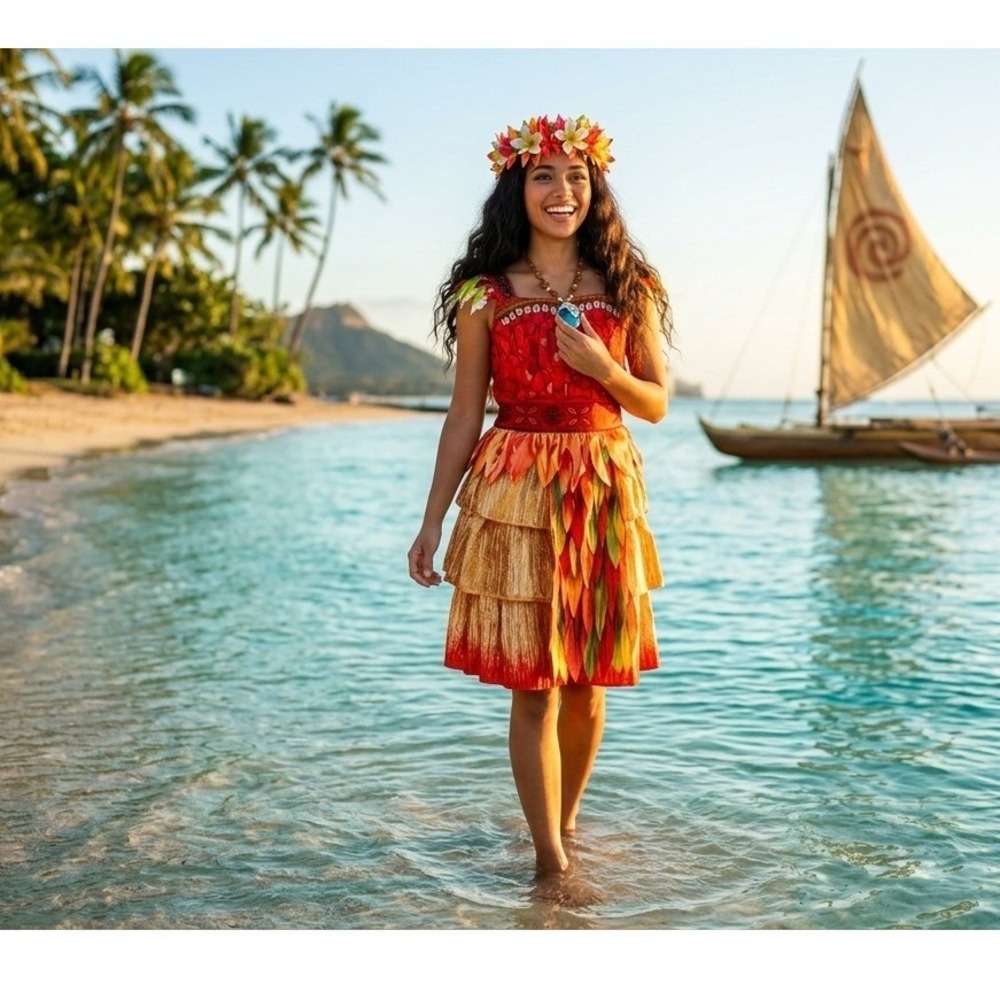 Disney Moana Deluxe Child Costume Disguise Red Gold Dress Headpiece Girls M 7-8